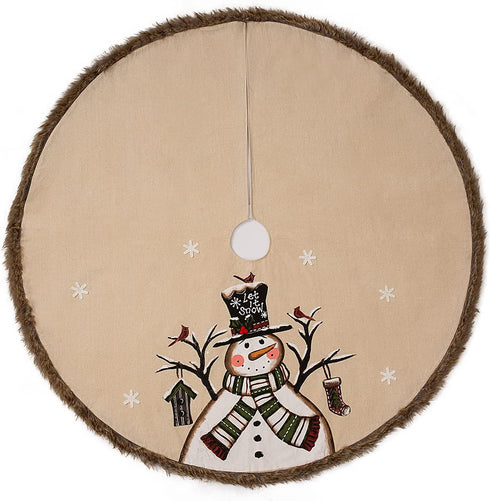 Snowman Tree Skirt 48 Inch with Brown Faux Fur Trim Border for Christmas Tree Decorations, Rustic Farmhouse Xmas Tree Skirt with Unique Hand Paint Snowman and Snowflakes