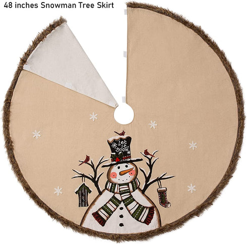 Snowman Tree Skirt 48 Inch with Brown Faux Fur Trim Border for Christmas Tree Decorations, Rustic Farmhouse Xmas Tree Skirt with Unique Hand Paint Snowman and Snowflakes