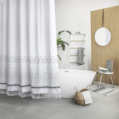 YoKii 36 Inch Boho Stall Shower Curtain with 4'' Long Tassels, Bohemian Nordic Chic Geometric Striped Single Small Bathroom Shower Curtains Set with Hooks (36 x 72, White)