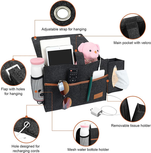 Telaero Bedside Caddy,Felt Bed Storage Organizer with 5 Pockets,Magazine Phone TV-Remote iPad Tablet Glasses Holder for Bed Sofa Desk Bunk Home Dorm (Black)