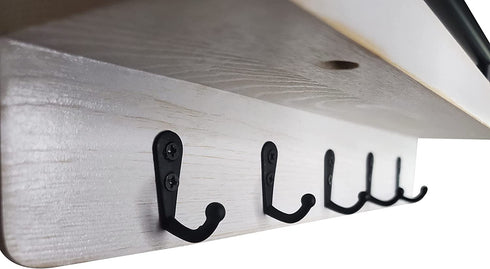 Ripple Creek Key Holder for Wall and Mail Shelf, Decorative Wooden Wall Rack for Keys, Letters, Bills - Pine Wood Unique and Industrial Decor, Perfect for Entryway, Kitchen (Washed White, Large)