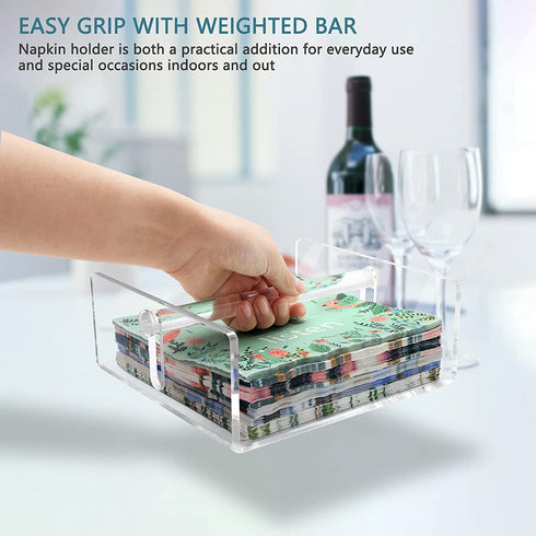 BOKUGE Napkin holder, Clear Acrylic Napkin Holder for Kitchen, Bathroom or Dining Tables, Cocktail Napkin Holder with Hold Down bar, Modern Decor Guest Towel Holder, Square 7"x7"