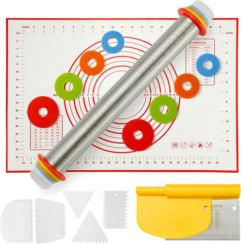 Rolling Pin with Adjustable Thickness Rings Stainless Steel 17.5" Dough Roller, 24"x16" Nonstick Silicone Pastry Mat Bench Dough Scraper Pizza Cutter Cake Smoothers Set for Baking Cookie Fondant Pie