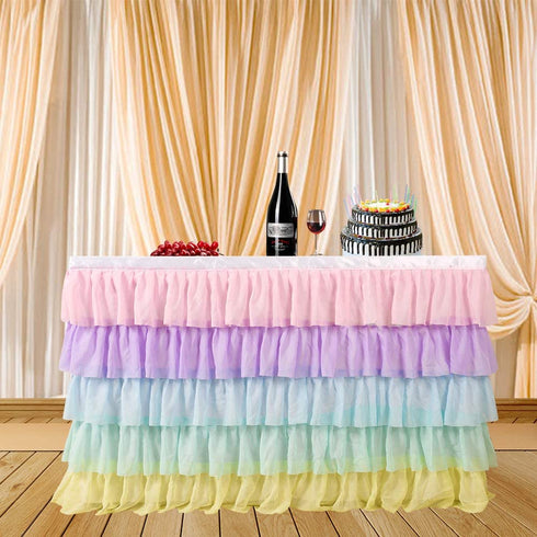 6FT Rainbow Table Skirt for Rectangle or Round Table Chiffon Tulle Table Skirting for Party Baby Shower Wedding Birthday Decor