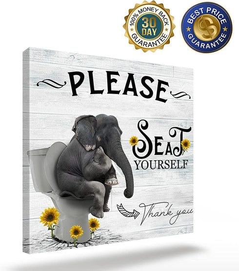 ZEREAA Bathroom Pictures for Wall Decor Sign Please Seat Yourself, Framed Funny Bathroom Wall Art Elephant Sit on Toilet Grey Canvas Wall Art for Bedroom Living Room Kitchen Office, 14x14inch