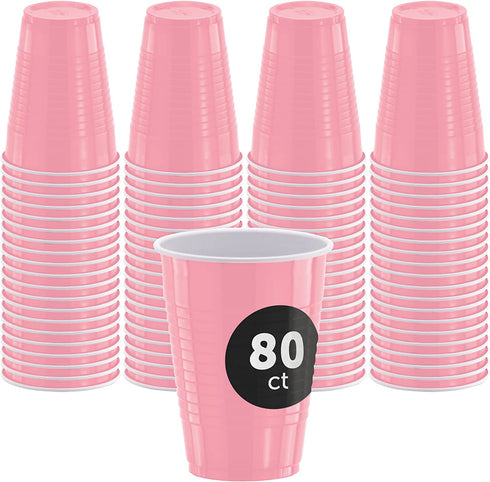DecorRack 80 Party Cups, 16 oz -BPA Free- Plastic Soda Cups, Perfect for Birthday, Picnic, Indoor and Outdoor Event, Stackable, Reusable, Disposable Round Beverage Drinking Cup, Pink (Pack of 80)