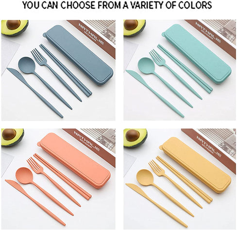 4 Sets Wheat Straw Cutlery, Portable Cutlery Set, Reusable Travel Flatware Set, for Lunch Boxes Workplace Camping School Picnic or Daily Use (Green, yellow, orange, blue)