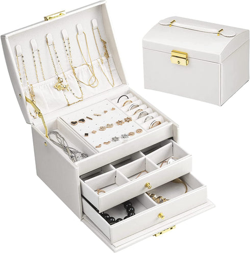 Warminn Jewelry Organizer 3 Layers Jewelry Box with Lock PU Leather Jewelry Storage Case with 2 Drawers for Earrings Bracelets Rings Necklace Watches jewelry Gift boxes for Women Girls Girlfriend Wife