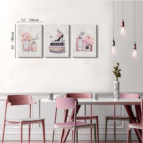 WANBOYA Fashion Women Canvas Wall Art Pink Flower Perfume Modern Art Prints with Book High Heel 3 Pieces Canvas Pictures Girl Room Wall Decor for Women Bedroom Bathroom Ready to Hang 12"x16"x3pcs