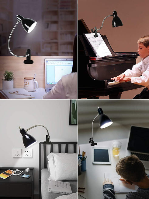 Clip on Light Desk lamp Eye-Caring Table Lamps, 360°Rotation Gooseneck Clip on Lamp Reading Light, Portable Reading Book Light, Clamp Light, Study Desk Lamps for Bedroom and Office Home Lighting-Black