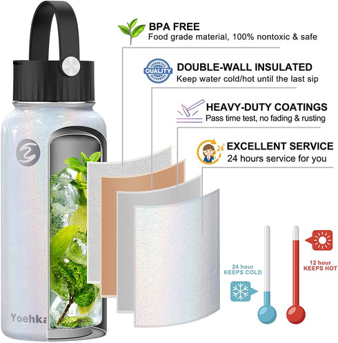 32 OZ Insulated Water Bottle with Straw & 3 Lids, Yoehka Vacuum Stainless Steel Thermos Mug, Double Wall Sweat-proof Sports Water Bottle to Keep Water Hot/Cold, with Cleaning Brush (Rainbow White)
