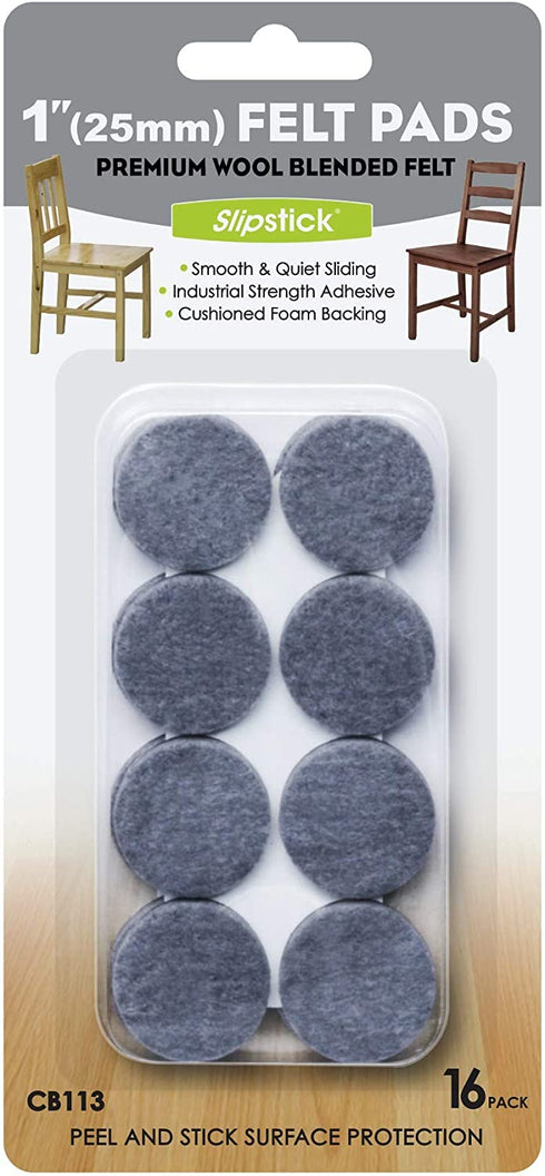 Slipstick Premium Wool Felt Furniture Feet Pads / Chair Leg Floor Protectors (1 Inch Round) Includes 16 Wool Blended Felt Feet Pads with Peel and Stick Adhesive, Gray, CB113