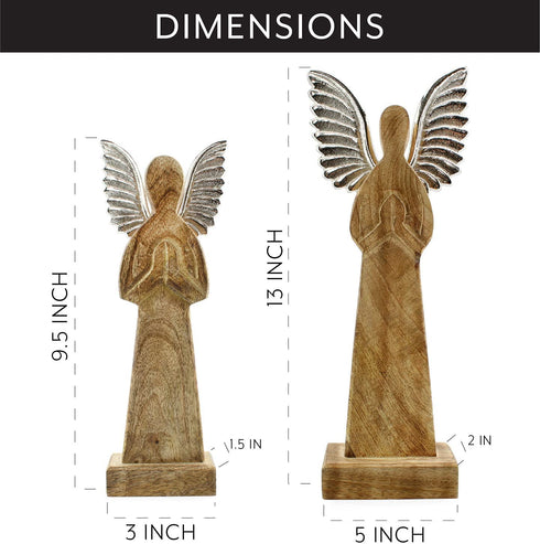 AuldHome Wooden Angel Christmas Statues (Set of 2); Primitive Farmhouse Holiday Decor Wood and Metal Praying Figurines