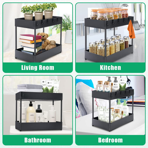 Under Sink Organizer and Storage - 2 Tier Bathroom Organizer - Multi-purpose Under The Sink Organizer - Countertop Storage Shelf Holder with 6 Hooks - Kitchen Spice Rack - Under Sink Storage for Bathroom Kitchen, Black