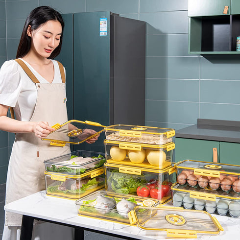 Refrigerator Organizer Bins,Stackable Produce Saver Organizer Bin Storage Containers with Removable Drain Tray for Fridge, Cabinets, Countertops and Pantry(Yellow-M)