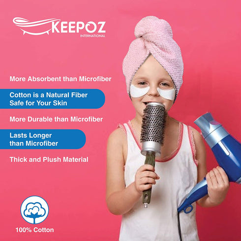 KEEPOZ Hair Towel Wrap Quick Dry 100% Cotton Super Absorbent Turban Head Wrap for Women with Button, Anti Frizz Hair Products, Hair Cap for Curly, Long & Thick Hair (2pcs) (Lilac+Pink Check)