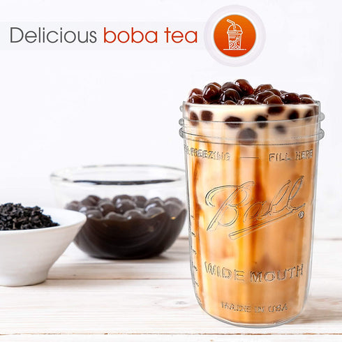 Reusable Wide Mouth Smoothie Cups Boba Tea Cups Bubble Tea Cups with Lids and Gold Straws Ball Mason Jars Glass Cups (2-pack, 16 oz mason jars) Brand Capsule Classic
