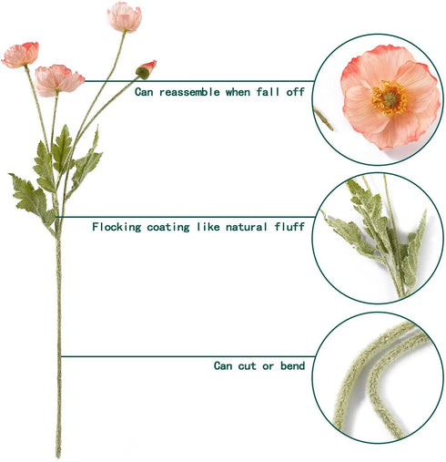Lumoslyy Artificial Flowers Silk Poppy Flowers for Home Decor Bouquet Wedding Party Faux Flower Pack of 5, Pink