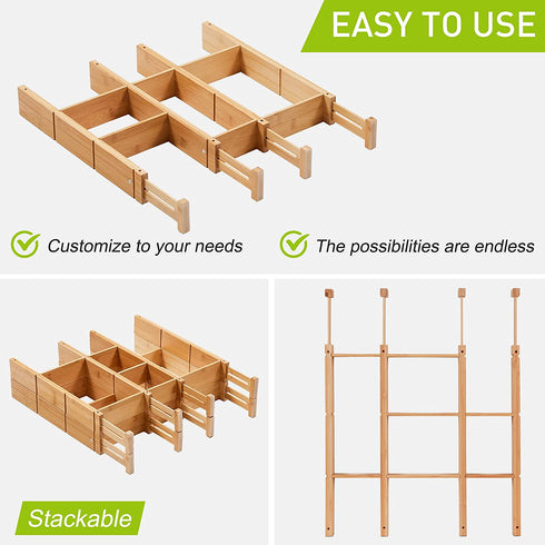 Bamboo Drawer Dividers for Clothes With 8 Inserts, Drawer Dividers Kitchen Utensils(16-20IN) Adjustable Expandable Deep Spring Loaded Separators Organizer for Office Silverware Dressers and Bathroom 4 Pack