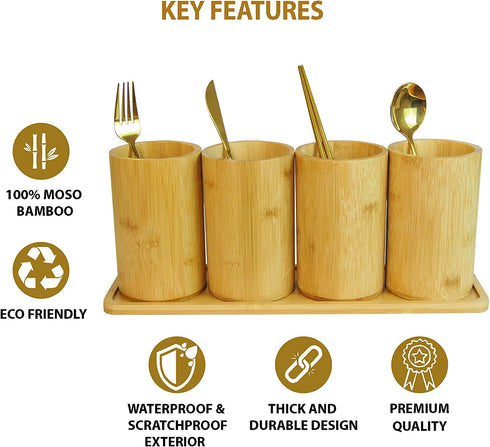 365Home Bamboo Silverware Organizer Flatware Utensil Caddy Bamboo Utensil Holder Wooden Cutlery Holder with Bamboo Tray for Kitchen Countertop Farmhouse (Not Icon)