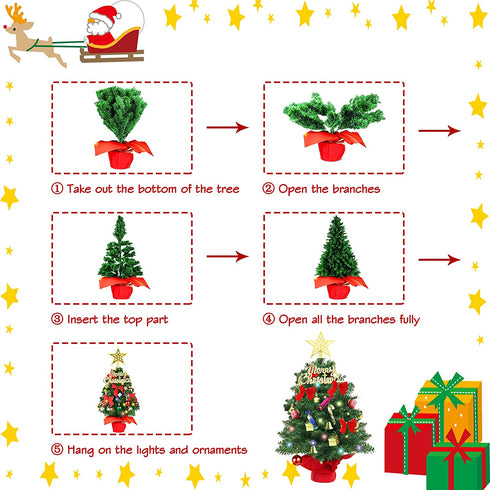 Small Christmas Tree, 2ft Mini Christmas Tree, Artificial Small Desktop Xmas Tree with Lights and Tree Ornaments, for Christmas Thanksgiving Decorations