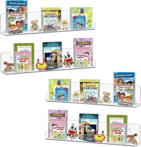 Kids Floating Bookshelves, Acrylic Wall-Mounted 13.7 inches 4 Pack, Clear Invisible Wall Bookshelves Ledge Book Shelf, 5MM Thicker with Free Screwdriver