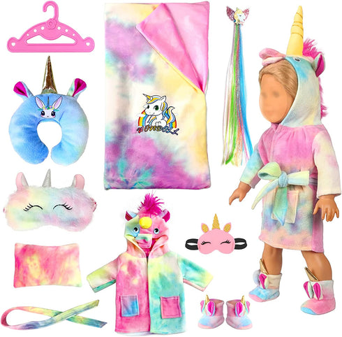 WONDOLL 18-inch Doll-Clothes and Doll-Sleeping-Bag Set - 10 Pcs Unicorn Pajama with Sleepover Masks & Pillow