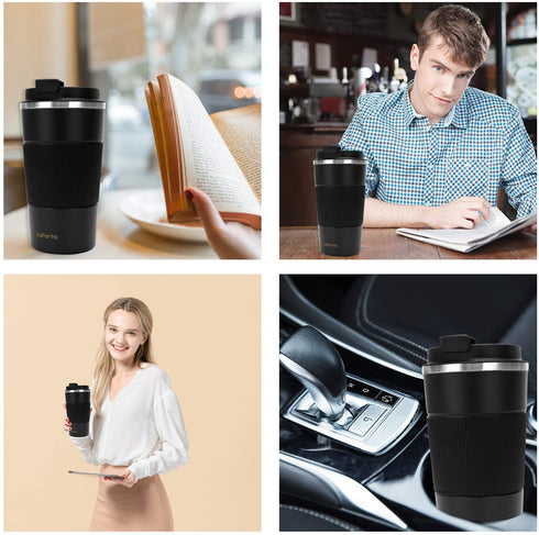 16oz Insulated Coffee Travel Mug Stainless Steel Vacuum Coffee Cup Leakproof with Screw Lid Double Wall Coffee Tumbler Reusable Thermal Cup for Hot/Iced Beverage - 510ml, Black