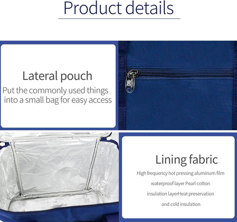 BLBL Insulated Cooler Bag,Collapsible fresh-keeping Bag, large Shopping Bags, Hot & Cold Food Delivery lunch lightweight, washable, Suitable for Camping, Picnic& Beach, Blue