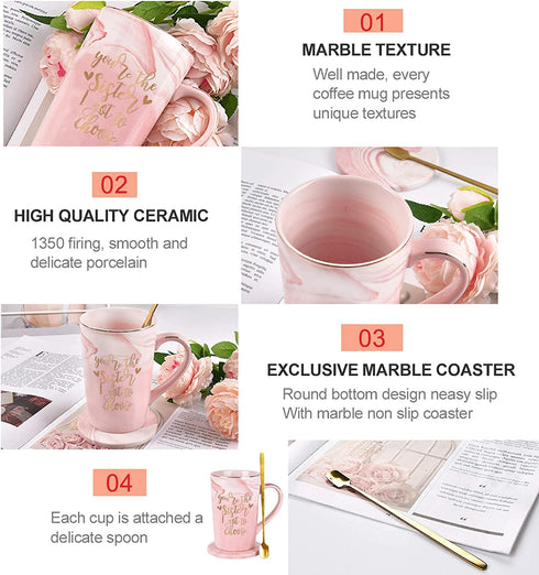 Gift for Sister - You Are The Sister I Got to Choose Coffee Mug - Sister Birthday Christmas Gift from Sister - Sister in Law Gifts - Marble Sister Mug with Spoon Coaster Gift Box 14 Oz Pink