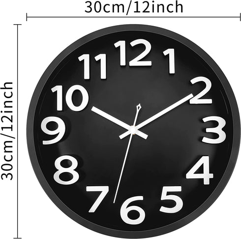 Lumuasky Large Black Wall Clock, 12 Inch Silent Non-Ticking Battery Operated Modern 3D Numbers Round Analog Decorative Clock for Living Room Bedroom Kitchen Home Office School