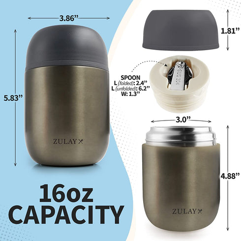 Zulay Vacuum Insulated Soup Thermos 16 oz - Stainless Steel Food Thermos For Hot Food For Adults and Kids - Leakproof Insulated Food Jar For Hot Food Thermos For Soup with Foldable Spoon (Dark Gray)
