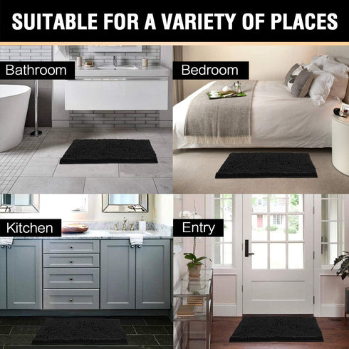 Bath Mats for Bathroom Non Slip Luxury Chenille Ultra Soft Bath Rugs 24x36 Absorbent Non Skid Shaggy Rugs Washable Dry Fast Plush Area Carpet Mats for Indoor, Bath Room, Tub - Black
