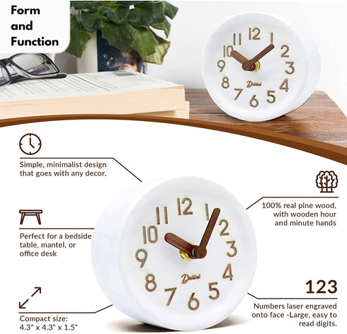 Driini Wooden Analog Desktop Clock 4.3 in. Decorative Pinewood Clock, No-Tick Design Easy to Read Silent Sweep Mantle Clock Quiet Tabletop Clocks with Wood Body, Hands, & Battery Cover; White