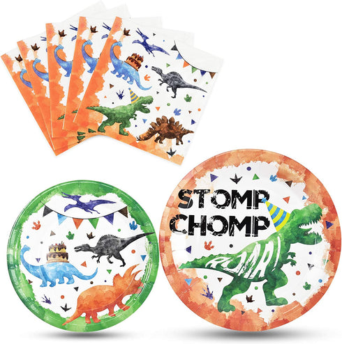 Watercolor Dinosaur Party Plates and Napkins - Dinosaur Birthday Party Supplies Bundles for Boys Kids Disposable Luncheon Dinner Dessert Cake Plates Napkins Tableware Set Serves 16 Guests 48 Pieces