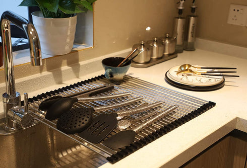 Ahyuan Roll up Dish Drying Rack Over The Sink Portable Stainless Still Rolling Rack Roll-up Drying Rack Folding Dish Drying Rack for Kitchen Sink Counter(Black, 19.6''Wx17.7''L)