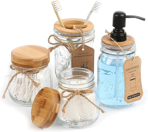 Bathroom Accessories Set Mason Jar, Foaming Soap Dispenser+2 Apothecary Jars+Toothbrush Holder, Bathroom Canisters Rustic Farmhouse Bathroom Decor Jars with Bamboo Lid, Country Countertop, Black