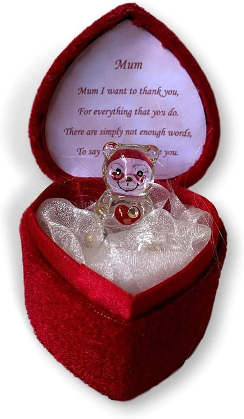 Glass Bear in Love Heart Shaped Box for a Much Loved Mum Thank You Mum
