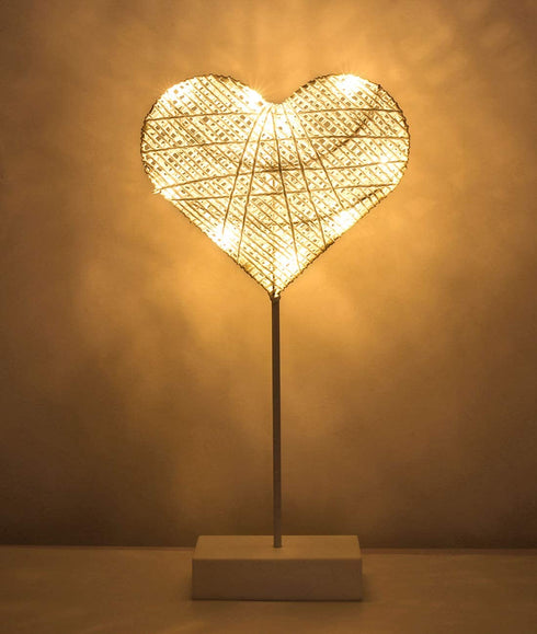 Lewondr Table Lamp, Battery Powered Heart Shape Ramadan Light Desk Lamp LED Christmas Decorative Lamp Winding Iron Frame Plastic Base Warm White Bright Light Home Bedroom Romantic Decoration - White