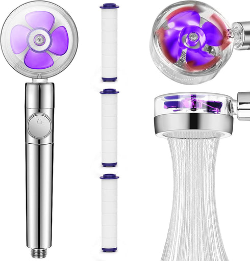 Handheld Shower Head Turbocharged Unique Propeller Design with Filter and Pause Switch Adjustable Flow, 360 Degrees Rotating(Purple)