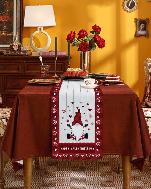 Valentine's Day Cute Gnome 90 Inches Long Table Runner for Dining Room, Rustic Wood Cotton Linen Tablecloth Runners, Farmhouse Table Setting Decor for Wedding Party Holiday Home, Machine Washable.