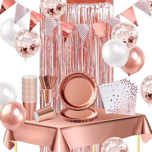 MOVINPE Rose Gold Party Supplies Decorations for 16 Guests Tableware Bunting Curtain Tablecloth Plates Napkins Cups Straws Balloon for Girl Women Birthday Wedding Hen Party Anniversary