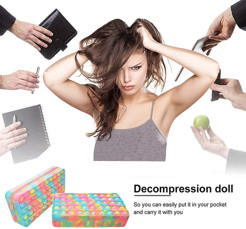 Silicon Pop Bubble Simple Fidget Bag Pencil Pen Case Popper Sensory Poppet Fidget Toy Makeup Cosmetic Bag Stationery Organizer Portable for School Home College Office (B)