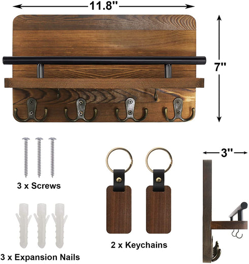 AilyHooms Key Holder Wall Mounted Mail Holder with 10 Hooks and 2 Wooden DIY Keychains - Wooden Decorative Key Hanging Rack Mail and Key Organizer Rustic Wall Shelf Decor, 12'' x 7'' x 3''