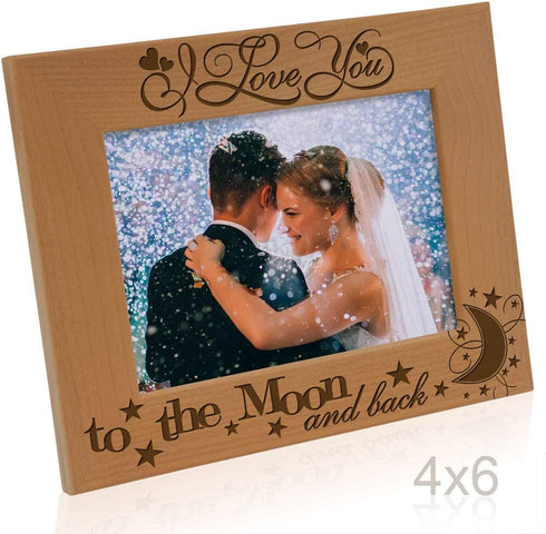 KATE POSH I Love You to The Moon and Back Engraved Natural Wood Picture Frame, Couples in Love Gifts, Valentine's Day, Engagement, Wedding (4x6-Horizontal)