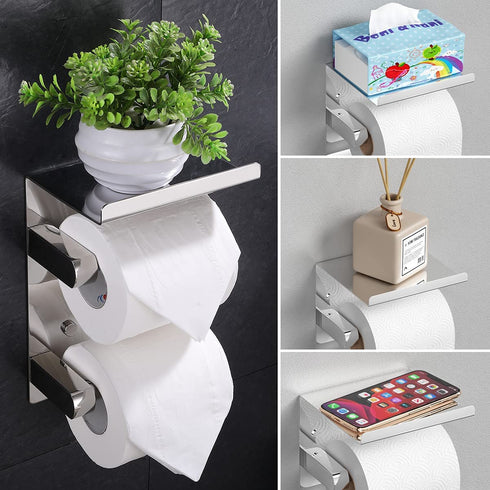 FANHAO Adhesive Toilet Paper Holder, Double Roll Toilet Tissue Holder with Shelf for Bathroom Kitchen, 3M Self Adhesive No Drilling or Wall-Mounted, SUS304 Stainless Steel Polished
