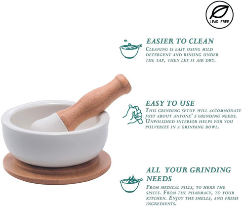 Porcelain Mortar and Pestle Set Pill Crusher, Spice Grinder, Herb Bowl, Pesto Powder Molcajete for Salt - Plus Lid/Non-Slip Base