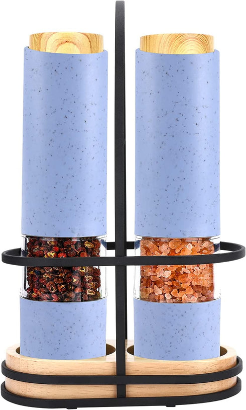 Electric Salt and Pepper Grinder Set, Battery Powered Automatic Gravity Peper Mill, Electronic Refillable Adjustable Coarseness Spice Shaker with Lid Stand Holder, Pack of 2 Blue