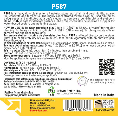 FILA Heavy Duty Cleaner PS87 1 QT, Stain Remover Grease, Coffee, Wine, Wax, Ink, Hard Surface Floor Cleaner, ideal for Natural Stone, Terracotta, Quarry Tile, Concrete, Porcelain And Ceramic Tile