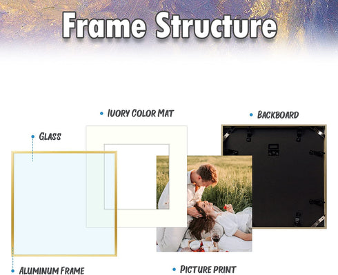 AUEAR, 12x12 Gold Aluminum Metal Wall Mounting Frame with Ivory Mat for Photo & Real Glass (2-Pack)